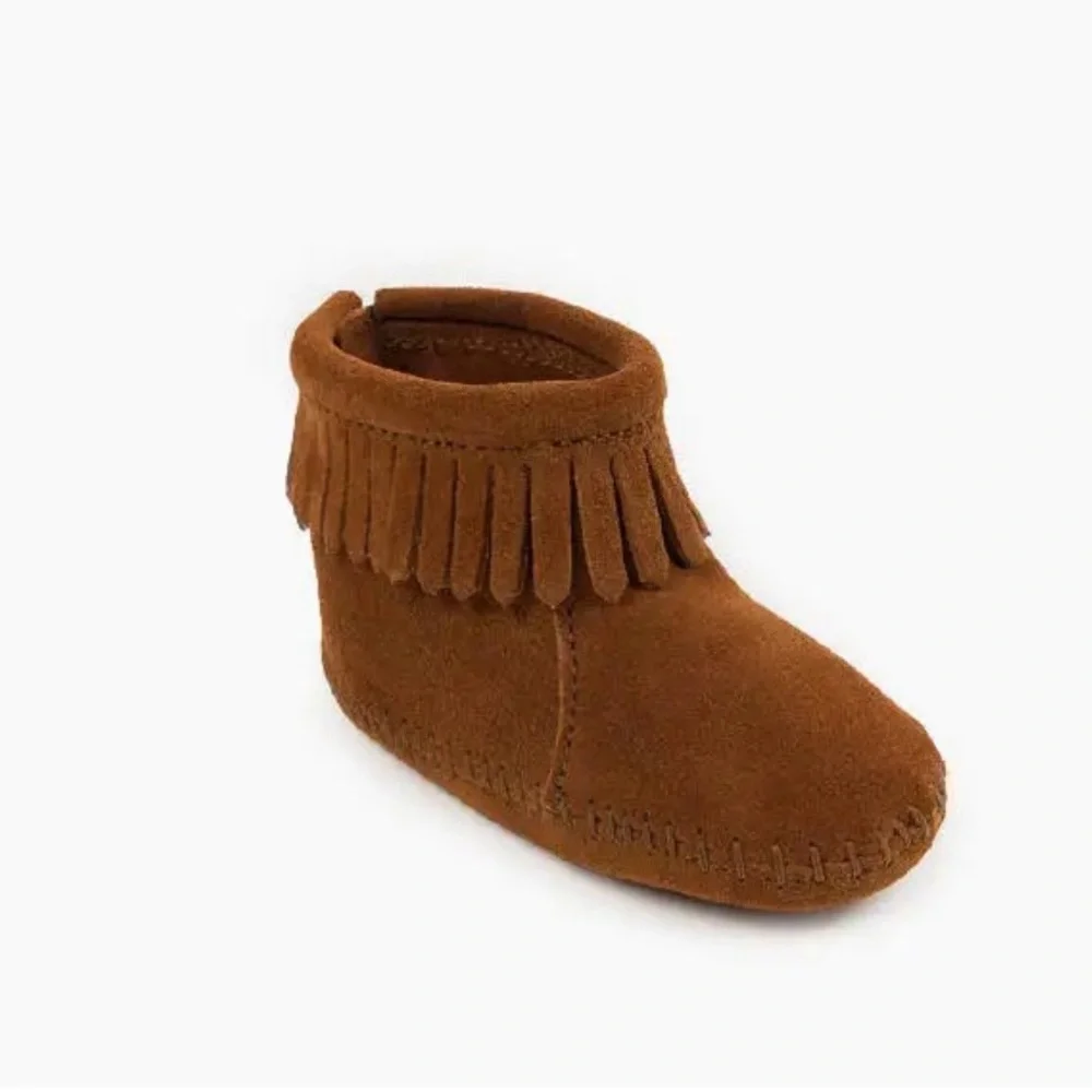 Minnetonka Kids Moccasins in Brown Suede with Fringe